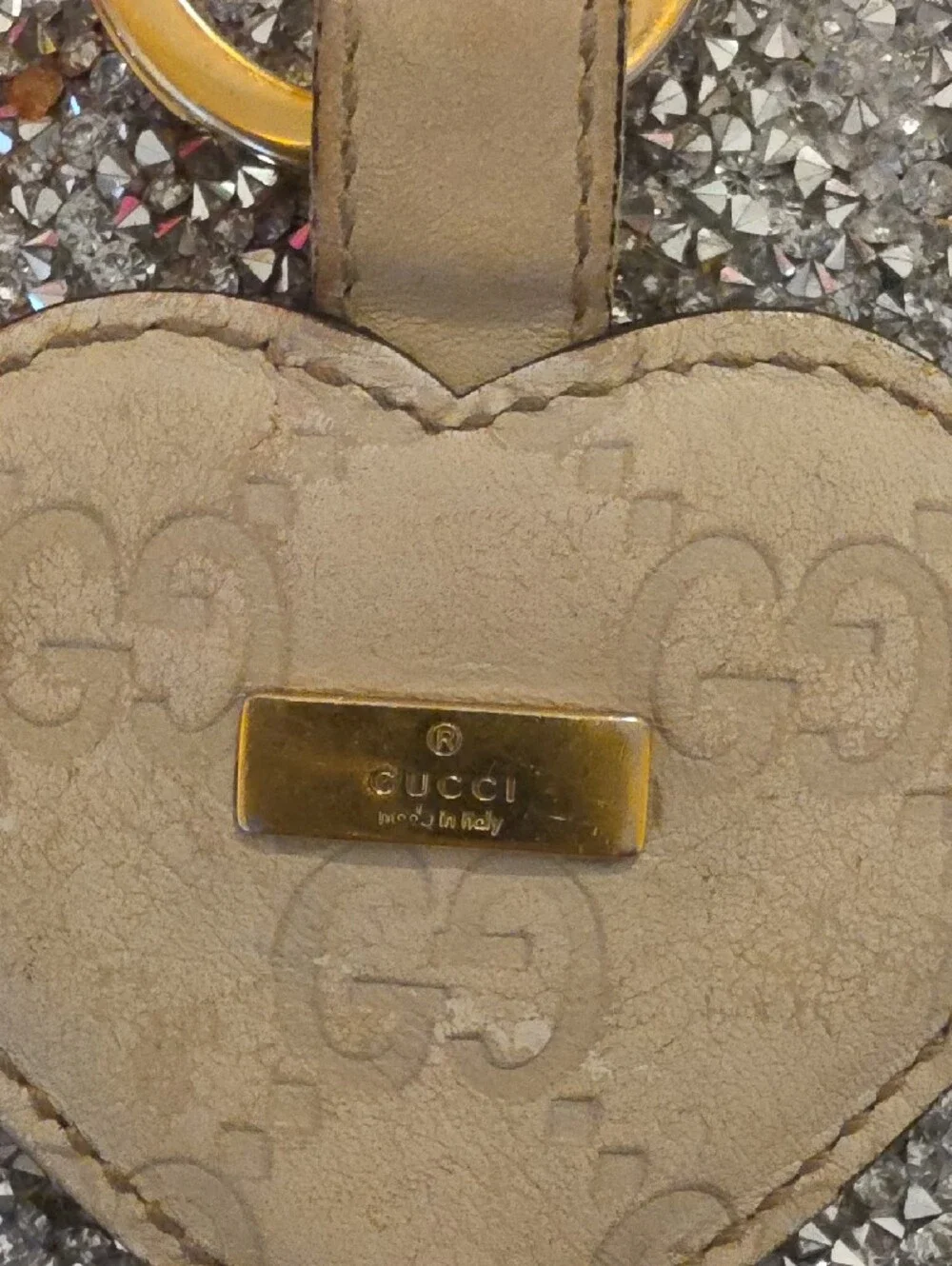 Gucci Beige Monogram Heart Keyring with Gold Hardware